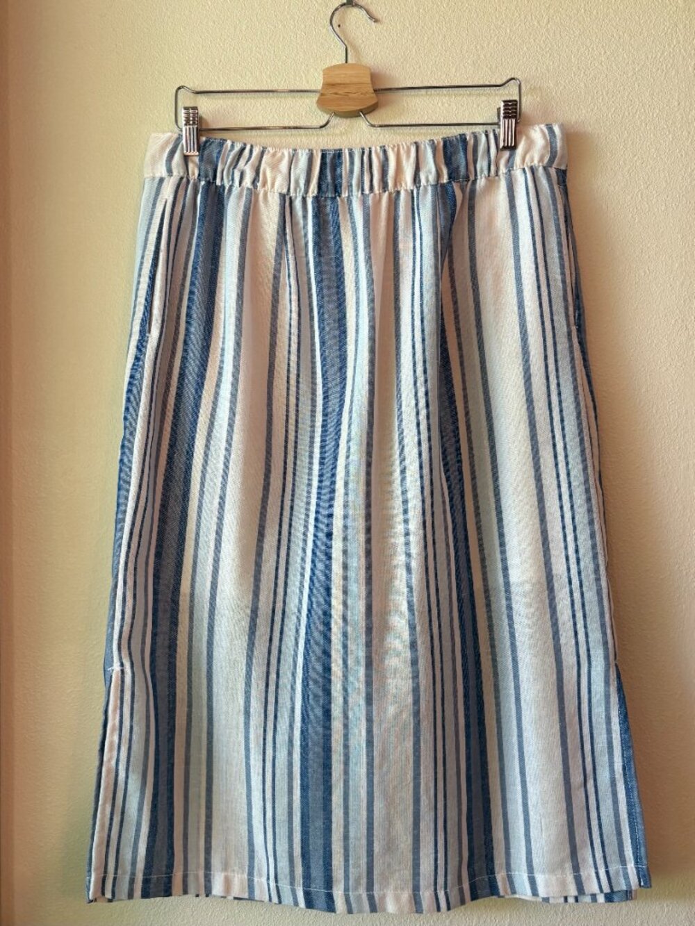 Linen Blend Midi Summer Skirt Blue White Vertical Striped Pockets M / L Capsule - Picture 5 of 12
